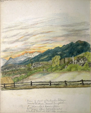 [Thomas, E. A. C.] b. 1825 :View of part of Mutueka village. Mount Arthur. Mount Campbell. Dr Johnstone's house from Mr Jones's upper bedroom window, New Zealand, March 22nd 1879.