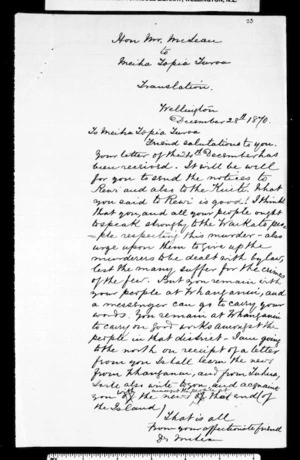 Letter from McLean to Topia Turoa (with translation)