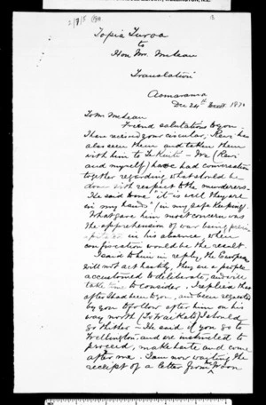 Letter from Topia Turoa to McLean (translation)