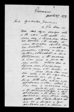 Letter from Te Ratana Ngahina to Ngawaka Taurua