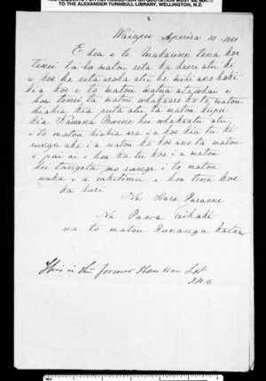 Letter from Hare Paraone and Paora Taihaki to McLean