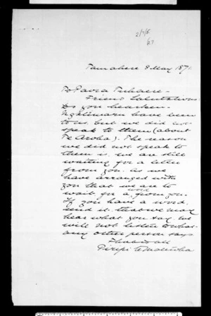 Draft letter from Piripi Te Matewha to Paora Tuhaere (with translation)