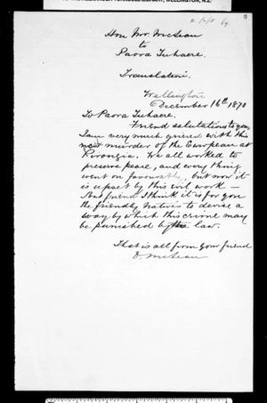 Letter from McLean to Paora Tuhaere (with translation)