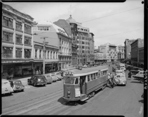 Lambton Quay, Wellington, and Fiducia tram - Photograph taken Edward Percival Christensen