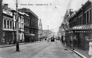 View of business premises and trams in Princes Street, Dunedin