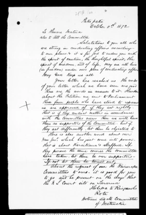 Letter from Hohepa Te Ringanoho, Rota, Hotereni and all committee to Henare Matua (translation)