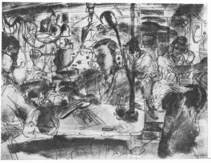Interior of an armoured command vehicle at a forward HQ, Ruweisat Ridge - Drawing by Anthony Gross