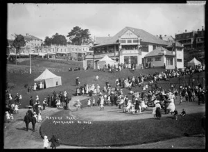 Crowd alongside Myers Kindergarten, Myers Park, Auckland