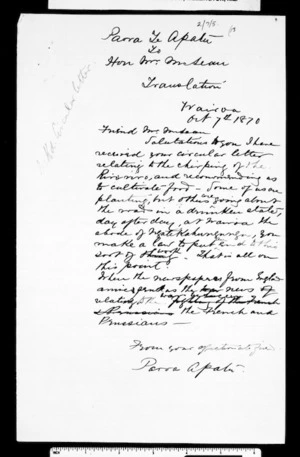 Letter from Paora Te Apatu to McLean (with translation)