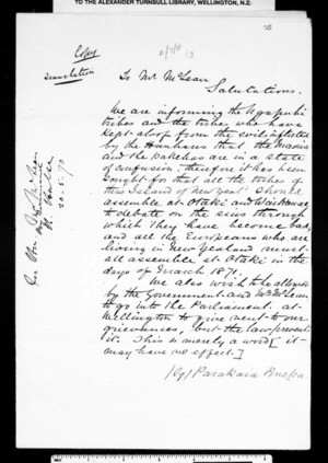 Letter from Parakaia Te Pouepa to McLean (with translation)