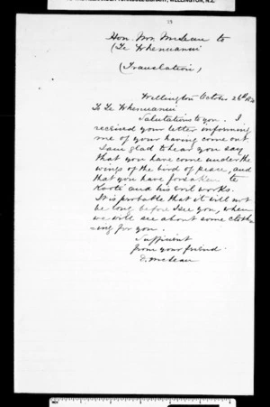 Letter from McLean to Te Whenuanui (with translation)
