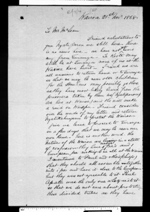 Letter from Te Hotene Porourangi to McLean (with translation)