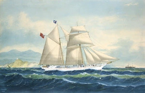 Forster, William, 1851-1891 :The topsail schooner "Poneke" departing Wellington Harbour. 1878.
