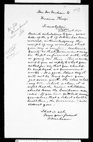 Letter from McLean to Wiremu Kingi (with translation)