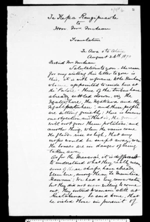 Letter from Te Kepa Rangipuawhe to McLean (with translation)