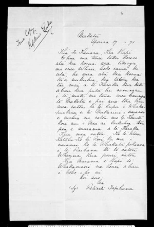 Letter from Retireti Tapihana to Te Kanara and Hapi