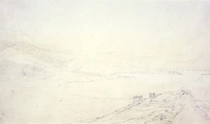 Brees, Samuel Charles, 1810-1865 :[Sketch of Porirua / Paremata whaling station. 1843?]