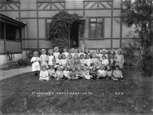 Group of young girls alongside St Saviour's Orphanage, Christchurch