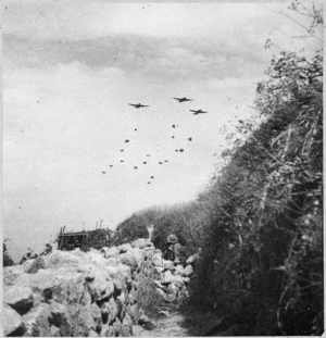 German Junkers Ju-52 aircraft dropping paratroopers in Crete, Greece, during World War 2