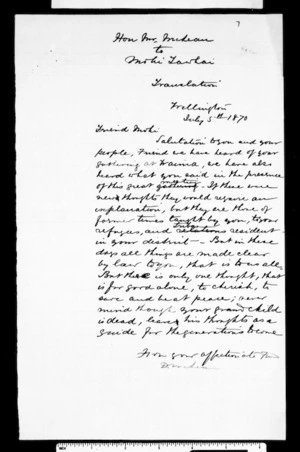 Letter from McLean to Mohi Tawhai (with translation)