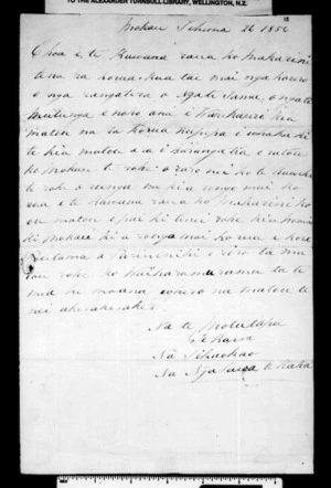 Letter from Te Motutapu Te Karoa, Tikaokao Ngatawa Te Kaka, Takerei & Wetini to McLean