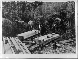Timber workers sawing logs; location unidentified