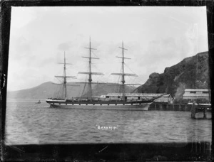 Sailing ship Brahmin, at the wharf beside the Shaw, Savill & Albion Co., buildings at Port Chalmers