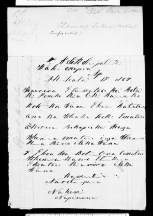Letter from Reti Paia and Apirana Te Whenuariri to the Governor