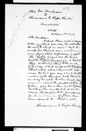 Letter from Karanama Te Kapukaiota to McLean (with translation)