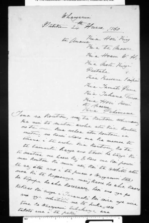 Letter from Te Poari Koroheke in Whanganui to other Whanganui Maori