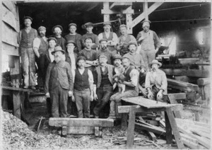 Timber workers at Whiteman's Mill, Karapoti, Akatarawa Valley, Upper Hutt, Wellington