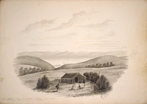 Backhouse, John Philemon 1845-1908 :Gum diggers at Matakohe, Kaipara. March 18th 1870. The Wairoa River & Ranges in the distance. 14.3.[18[71.