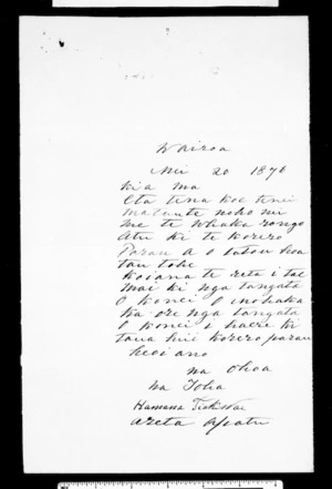 Letter from Toha, Hamana Tiakiwai and Areta Apatu to McLean