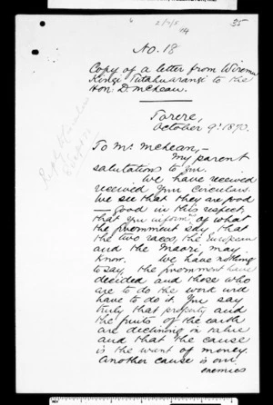 Letter from Wiremu Kingi Tutahuarangi to McLean (with translation)