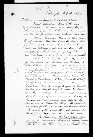 Letter from Henare Matua to Karanama & Matene Te Whiwhi (translation)