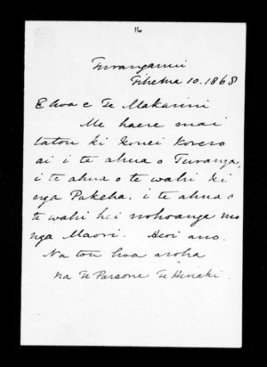 Letter from Te Paraone Te Hinaki to McLean