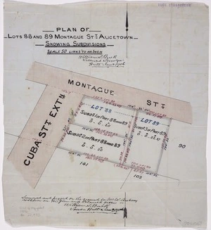 Buck, William Seldon, 1846-1919 :Plan of Lots 88 and 89, Montague St, Alicetown [Lower Hutt] showing subdivisions [ms map]. William S Buck, licensed surveyor, Hutt, Jan 1906.