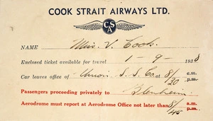 Cook Strait Airways Ltd. :[Envelope for ticket, name Miss V Cook]. 1938.