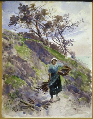 Hodgkins, William Mathew 1833-1898 :[Woman gathering firewood near Dunedin. 1870s?]
