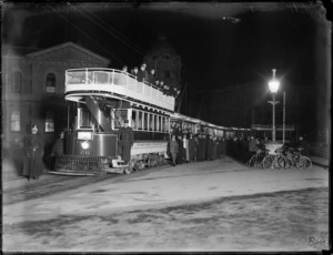 Trams on a trial run, the night before the opening of the electric tramway in Christchurch