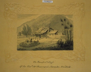 Johnson, John, 1794-1848 :[The Hobson album]. The raupo cottage of the Revd Mr Maunsell. Maraitai. Waikato. 1845