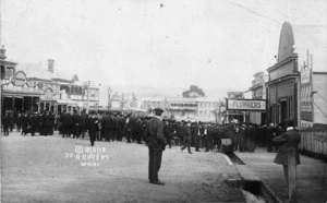 Miners queue to enter their union hall, during the Waihi strike