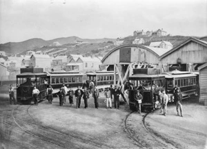 Bragge, James: Merryweather steam tram locomotives `Florence' & `Hibernia' with their trailers at Adelaide Road depot on the corner of King Street, Newtown, Wellington