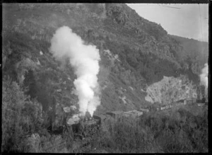 Freight train pulling out of Parera Station in the Taieri River valley.