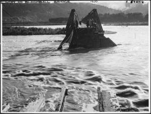 Remains of the road and rail bridge at Blackball, West Coast, over the flooded Grey River - Photograph taken by L A Inkster