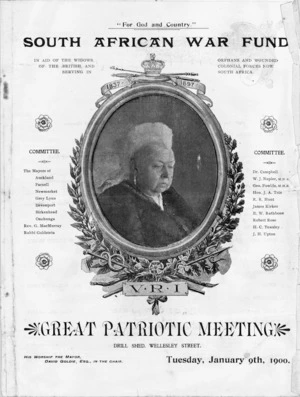 South African War Fund. Great patriotic meeting, Drill Shed, Wellesley Street. Tuesday, January 9th, 1900. [Programme cover].