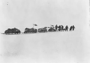 Sleds in the snow, carrying equipment and supplies, during the British National Antarctic Expedition of 1901-1904