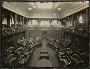 Robson, Edward Thomas, 1875-1953 :Photograph of the interior of the debating chamber, House of Representatives, Parliament Buildings, Wellington