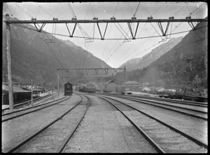 Otira Railway Station, showing the overhead electric wires after the electrification of the Arthur's Pass to Otira section of line.