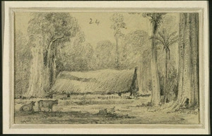 Swainson, William, 1789-1855 :[Thatched cottage in a clearing. Hutt Forest, ca 1847]